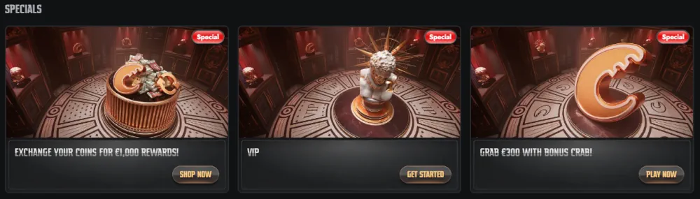 Section des spécialités Gransino avec statut VIP et récompenses Bonus Crabe.